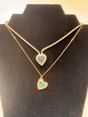 2 pcs Heart Necklace Set Gold Tone Rhinestone Blue Heart Pendant Layered Jewelry